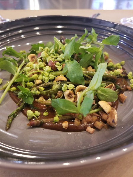 Hop Shoot Salad with Browned Hazelnut Butter,  Pickled Hop Shoots & Chickweed | (Photo Credit: Nerdy Curious)